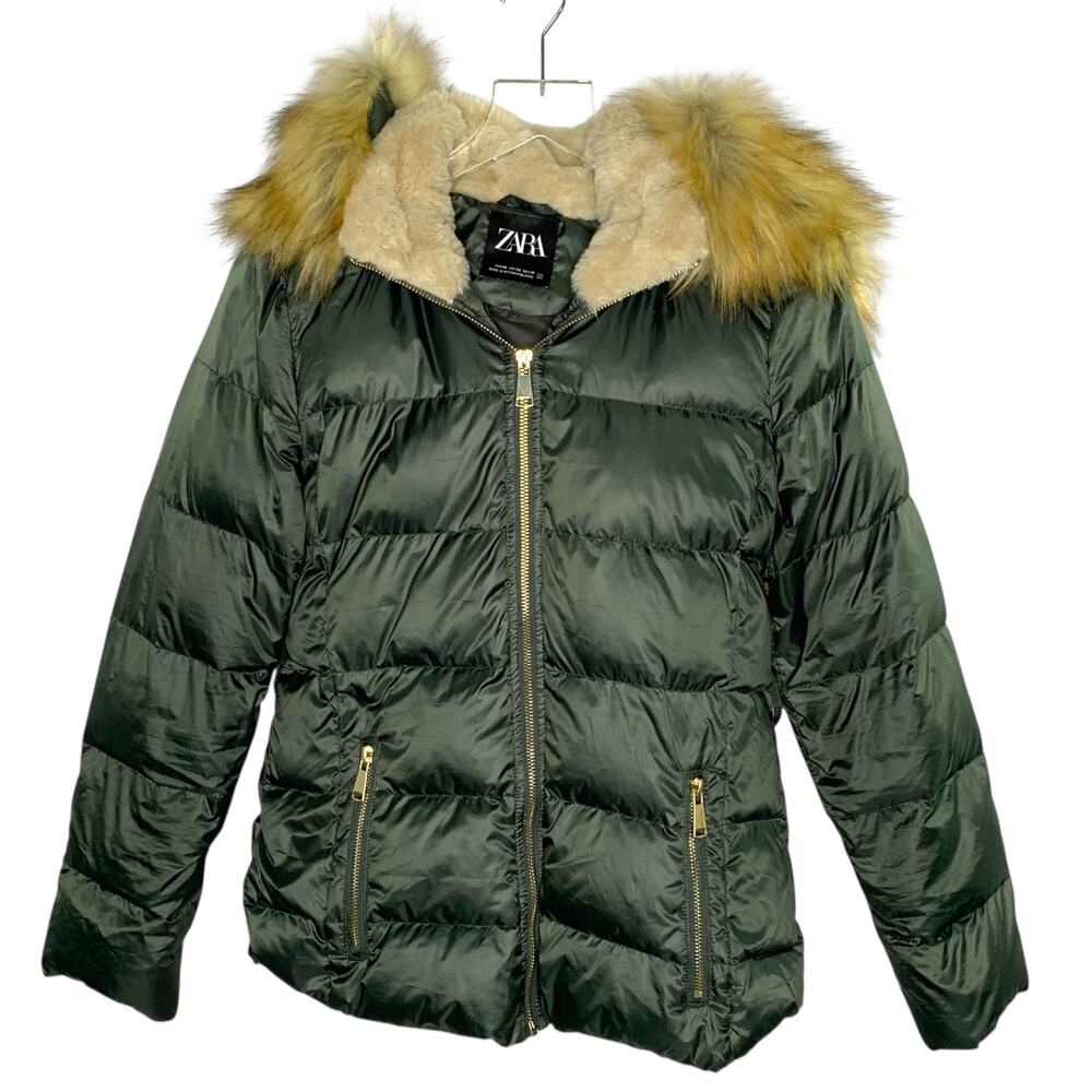 Zara XS Womens Olive Puffer Jacket Coat Faux Fur Hood Y2K Vibe 90s Baddie